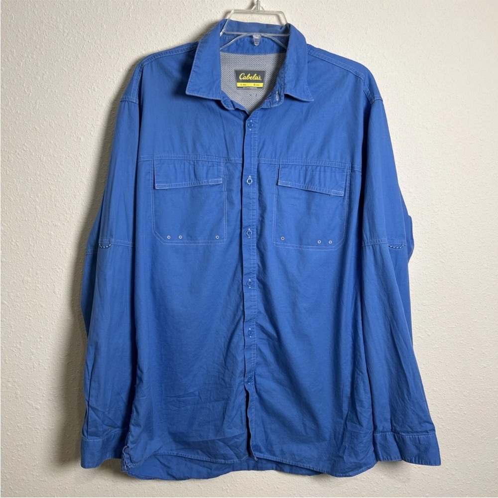 Cabela’s Men’s Lg Blue Long Sleeve Button Up Vented Fishing Shirt UPF 40 Sun